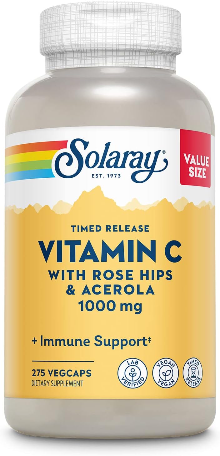 Solaray Vitamina C 1000mg - Cápsulas de Liberación Prolongada con Escaramujo y Acerola - 275 Cápsulas Veganas