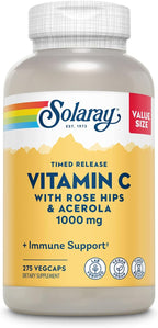 Solaray Vitamina C 1000mg - Cápsulas de Liberación Prolongada con Escaramujo y Acerola - 275 Cápsulas Veganas