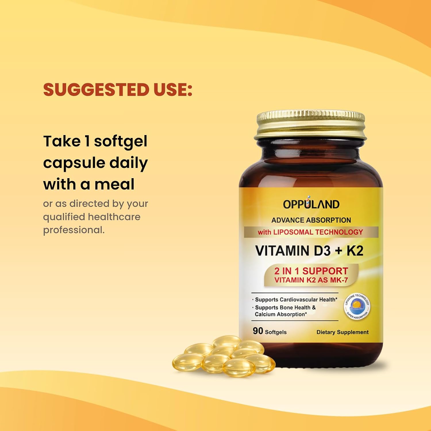 oppuland Vitamina D3 + K2 5000 UI - Tecnología Liposomal para Mayor Absorción - MK-7 Vitamina K2 100mcg - Ayuda al Metabolismo Óseo y del Calcio - 90 Cápsulas Blandas