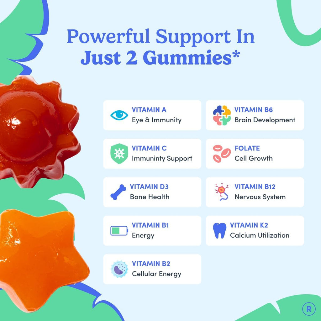 FIRST DAY Kids Multivitamin Gummies - Gominolas multivitamínicas infantiles, fresa y naranja, 60 días