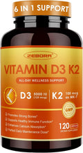 ZEBORA Vitamina D3 K2 5000 UI, 6 en 1 con Magnesio, Calcio, Fósforo y Vitamina C, 120 Cápsulas