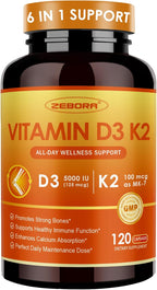 ZEBORA Vitamina D3 K2 5000 UI, 6 en 1 con Magnesio, Calcio, Fósforo y Vitamina C, 120 Cápsulas