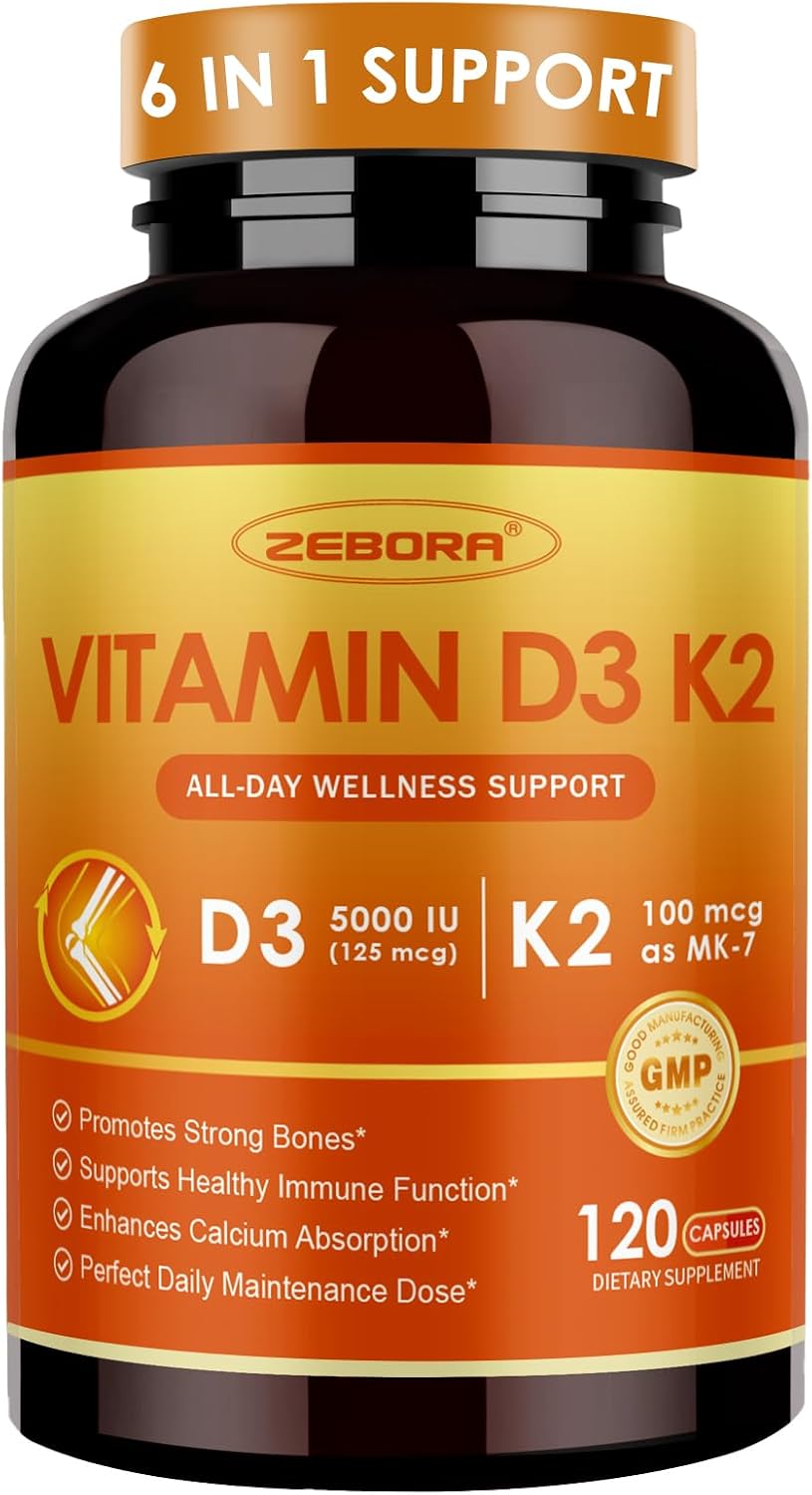 ZEBORA Vitamina D3 K2 5000 UI, 6 en 1 con Magnesio, Calcio, Fósforo y Vitamina C, 120 Cápsulas
