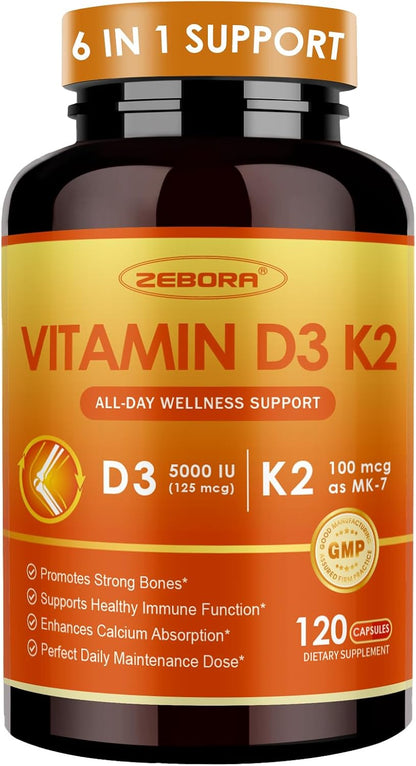 ZEBORA Vitamina D3 K2 5000 UI, 6 en 1 con – La vitamina D contribuye a la absorción y utilización normal del – Image 1