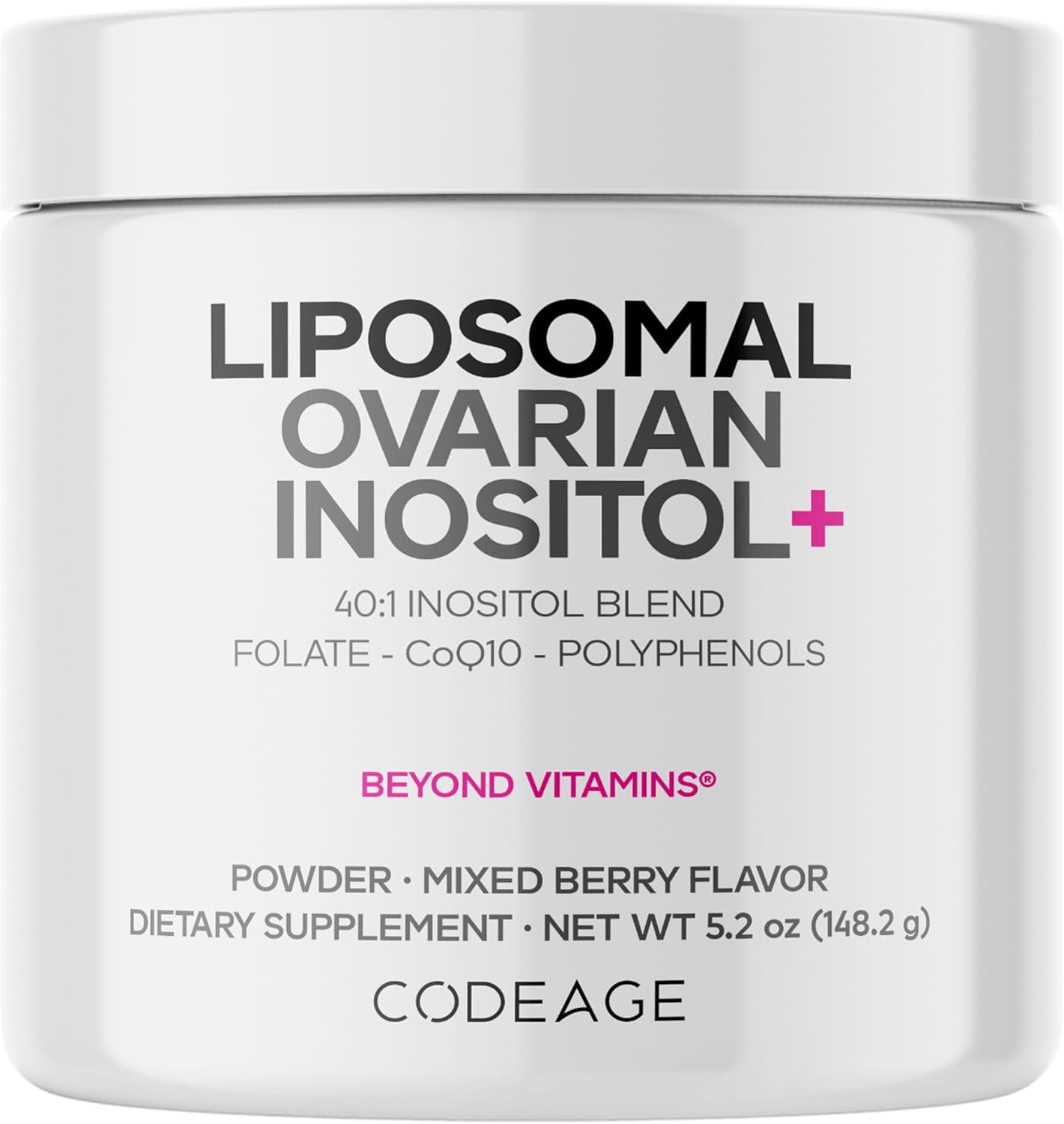 Codeage Liposomal Ovarian Inositol Powder - Myo-Inositol & D-Chiro-Inositol 40:1, Folato 5-MTHF, CoQ10, Granada y Arándano - 60 Servicios - Sabor a Bayas
