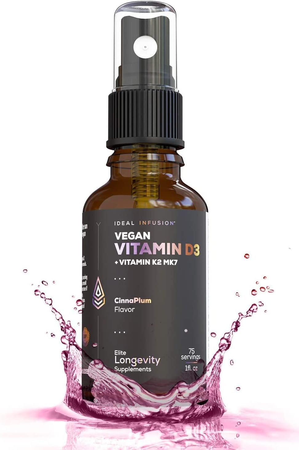 Ideal Infusion Vitamina D3 5000 UI con K2 (MK-7) Spray Líquido Vegano - Sabor Ciruela Orgánica y Canela (75 Dosis)
