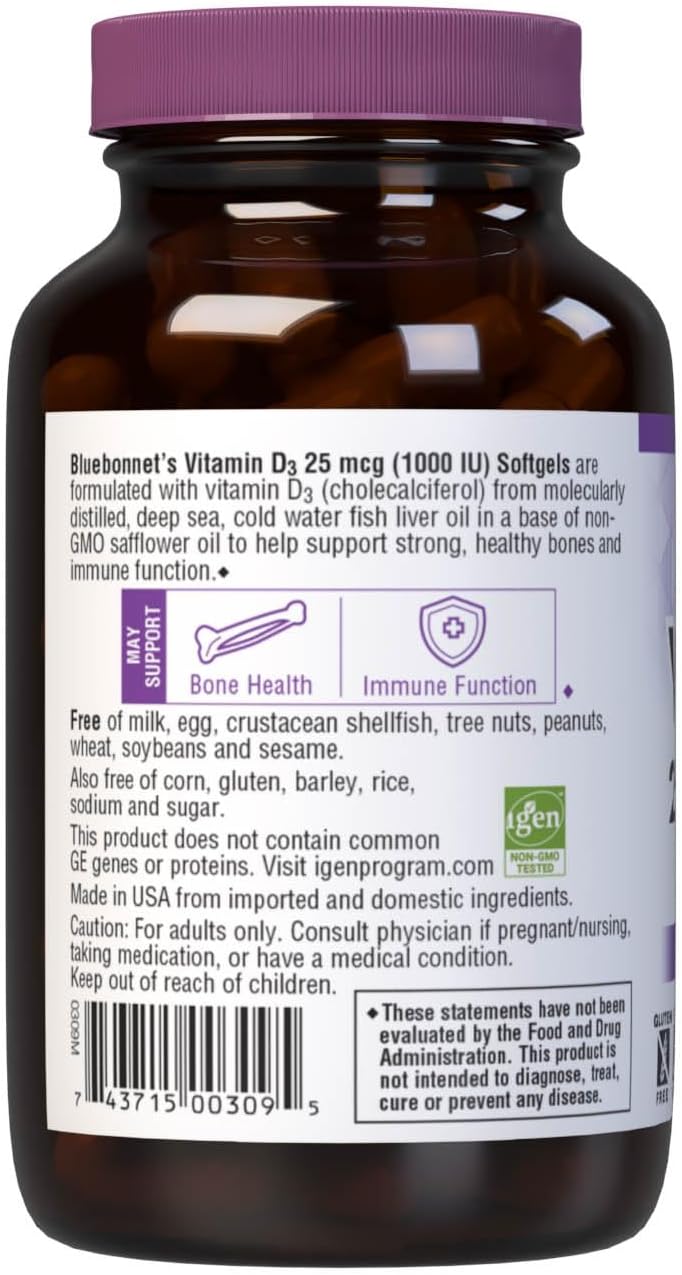 Bluebonnet Nutrition Vitamina D3 1000 UI – 250 Cápsulas Blandas