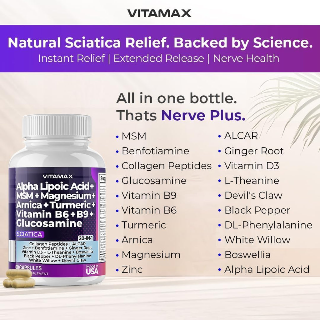Nerve-Plus - Complemento para el nervio ciático con ácido fólico, guisante, glucosamina, MSM, complejo vitamínico B, ácido alfa lipoico 300 mg – 60 cápsulas