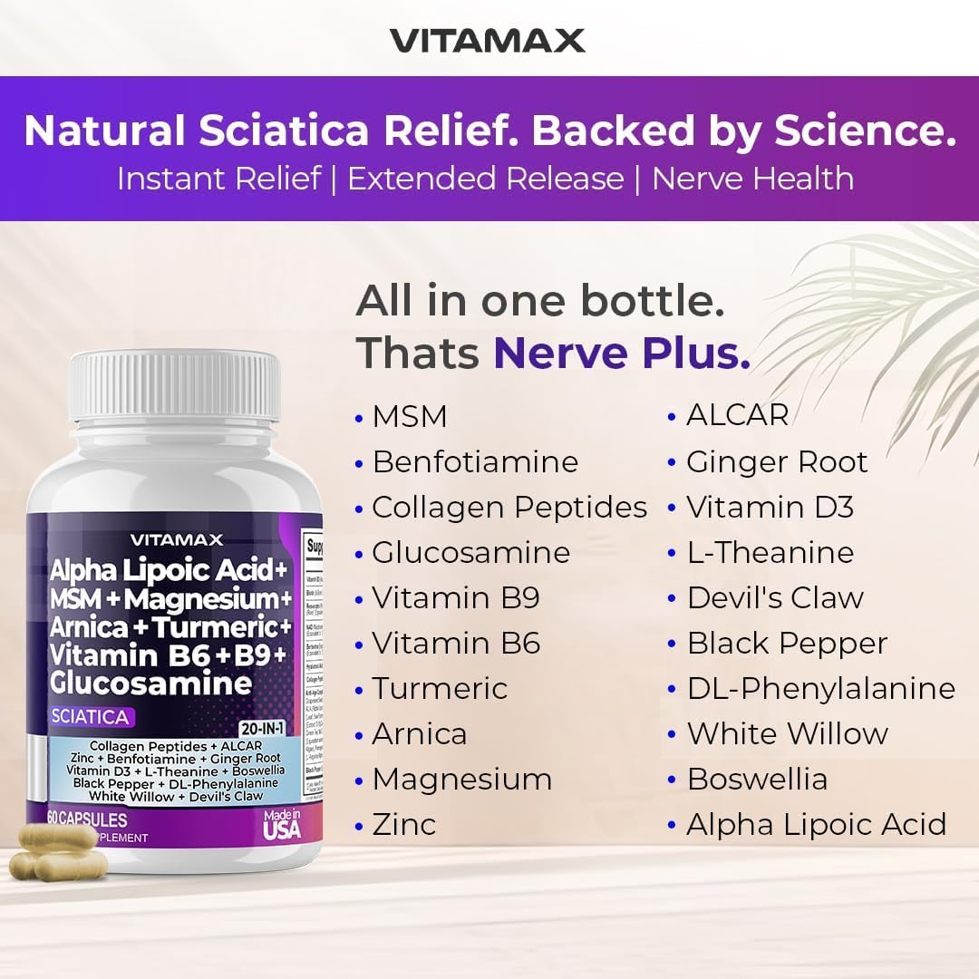 Nerve-Plus - Complemento para el nervio ciático con ácido fólico, guisante, glucosamina, MSM, complejo vitamínico B, ácido alfa lipoico 300 mg – 60 cápsulas