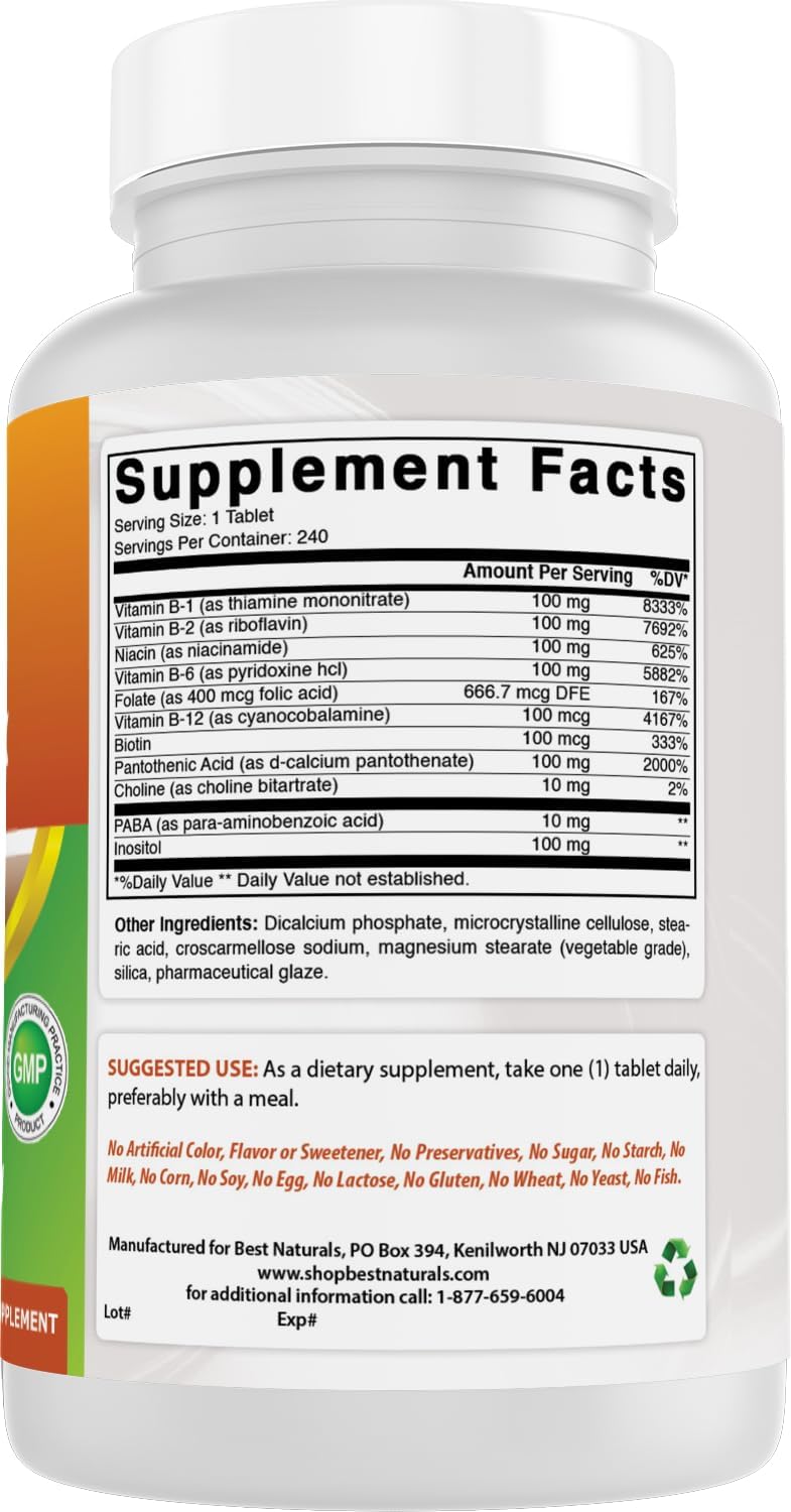 Best Naturals Complejo B con Inositol y PABA, 240 Comprimidos - Fabricado en EE. UU. - No-GMO y Sin Gluten