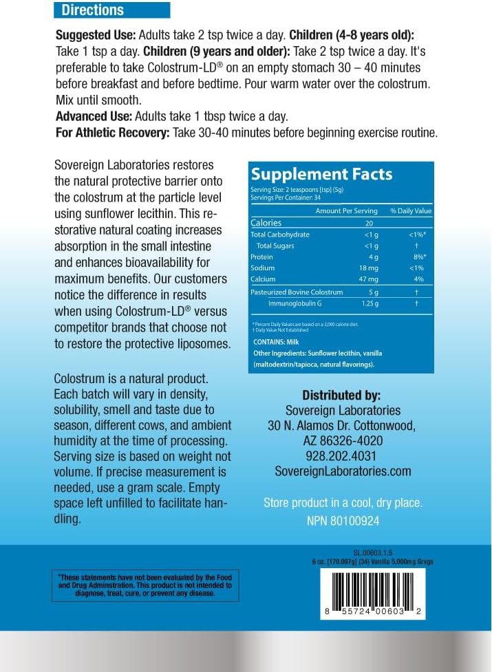 Colostrum-LD Liposomal Delivery - Calostro en Polvo - Sin Gluten, Bajo en Lactosa - 34 Dosis - Sovereign Laboratories - 170 g Vainilla