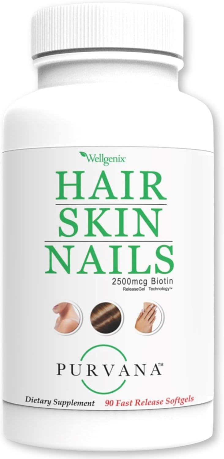 Wellgenix Purvana Suplemento para Cabello, Piel y Uñas – 2500mcg Biotina con MSM y Complejo B – 90 Cápsulas Blandas