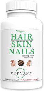 Wellgenix Purvana Suplemento para Cabello, Piel y Uñas – 2500mcg Biotina con MSM y Complejo B – 90 Cápsulas Blandas