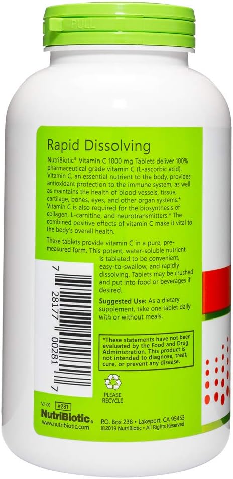NutriBiotic Vitamina C 1000 mg, 250 Comprimidos - Ácido L-Ascórbico Puro