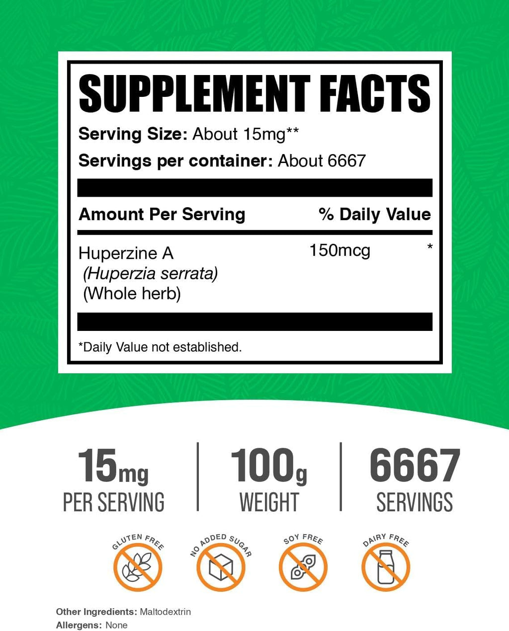 BulkSupplements Huperzina A en Polvo, 100 g (15 mg por dosis)
