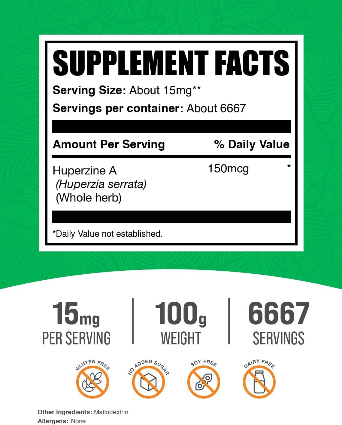 BulkSupplements Huperzina A en Polvo, 100 g (15 mg por dosis)