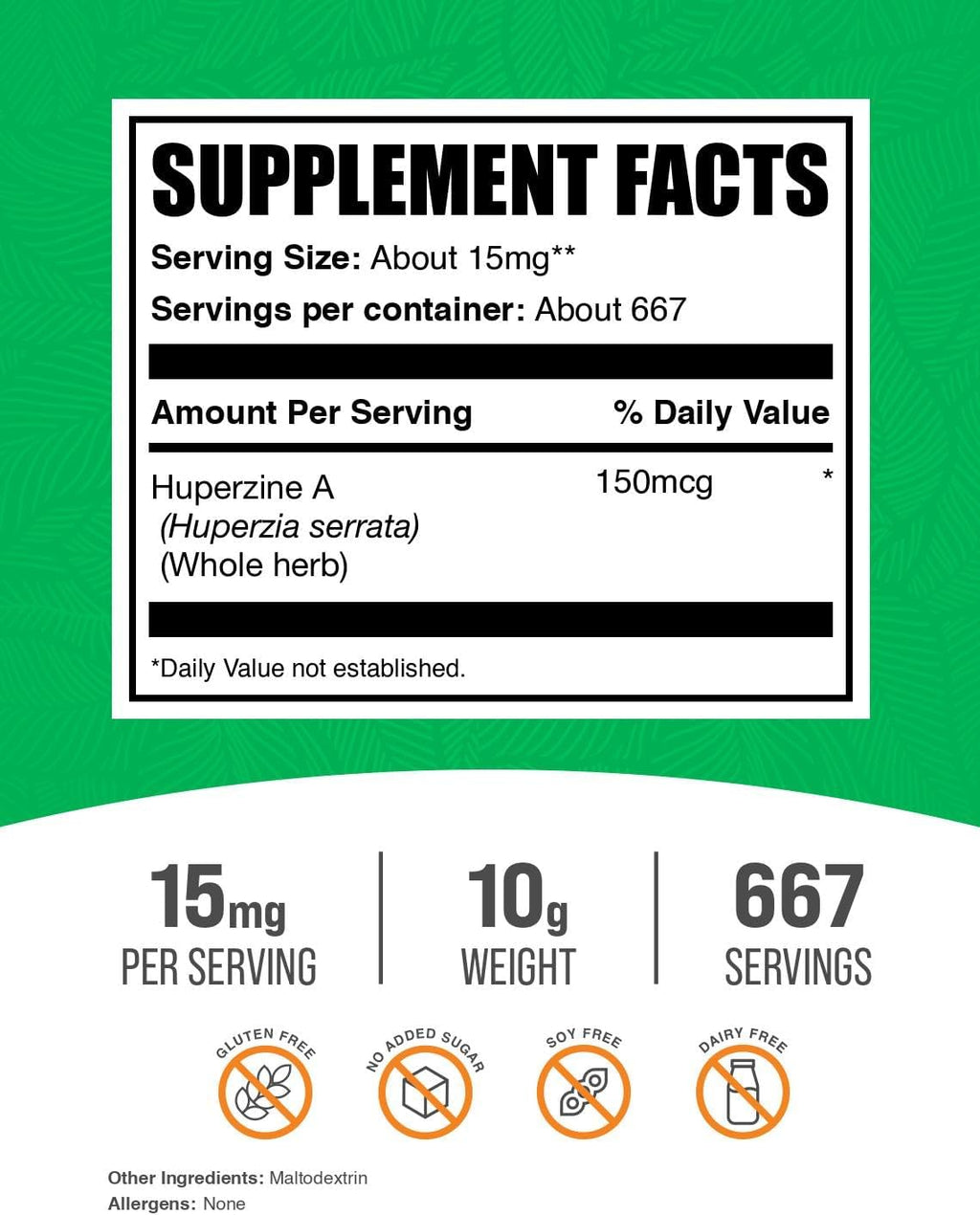 BulkSupplements.com Huperzina A en Polvo - Suplemento Nootrópico de Huperzia Serrata, Sin Gluten, 15 mg por Ración, 10 g