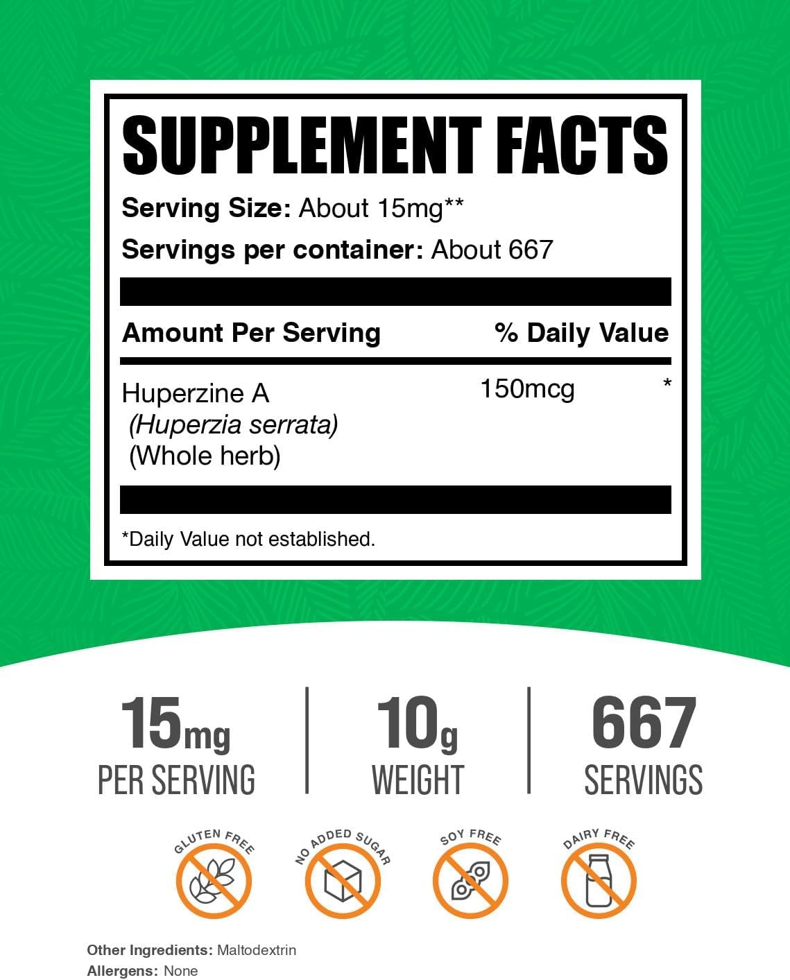 BulkSupplements.com Huperzina A en Polvo - Suplemento Nootrópico de Huperzia Serrata, Sin Gluten, 15 mg por Ración, 10 g