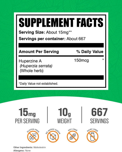 BulkSupplements.com Huperzina A en Polvo - Suplemento Nootrópico de Huperzia Serrata, Sin Gluten, 15 mg por Ración, 10 g – Image 2
