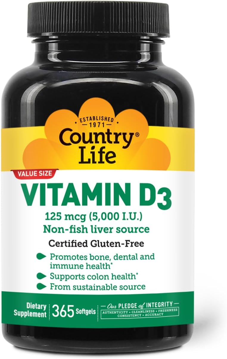 Country Life Vitamina D3 5000 UI – Alta Potencia, Sin Pescado, Apoya la Salud Ósea e Inmune – 365 Cápsulas Blandas, Certificado Sin Gluten