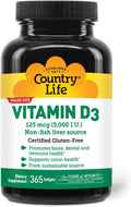 Country Life Vitamina D3 5000 UI – Alta Potencia, Sin Pescado, Apoya la Salud Ósea e Inmune – 365 Cápsulas Blandas, Certificado Sin Gluten