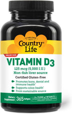 Country Life Vitamina D3 5000 UI – Alta Potencia, Sin Pescado, Apoya la Salud Ósea e Inmune – 365 Cápsulas Blandas, Certificado Sin Gluten