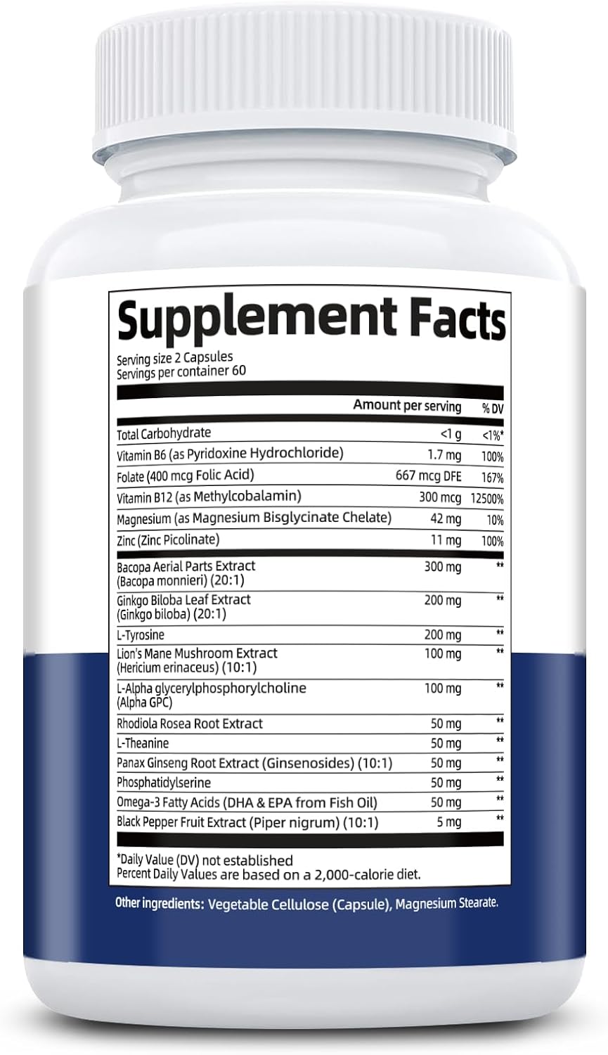 Suplemento Cerebral con Bacopa Monnieri, Lion's Mane y Alpha GPC - Apoya Memoria y Concentración - 120 Cápsulas
