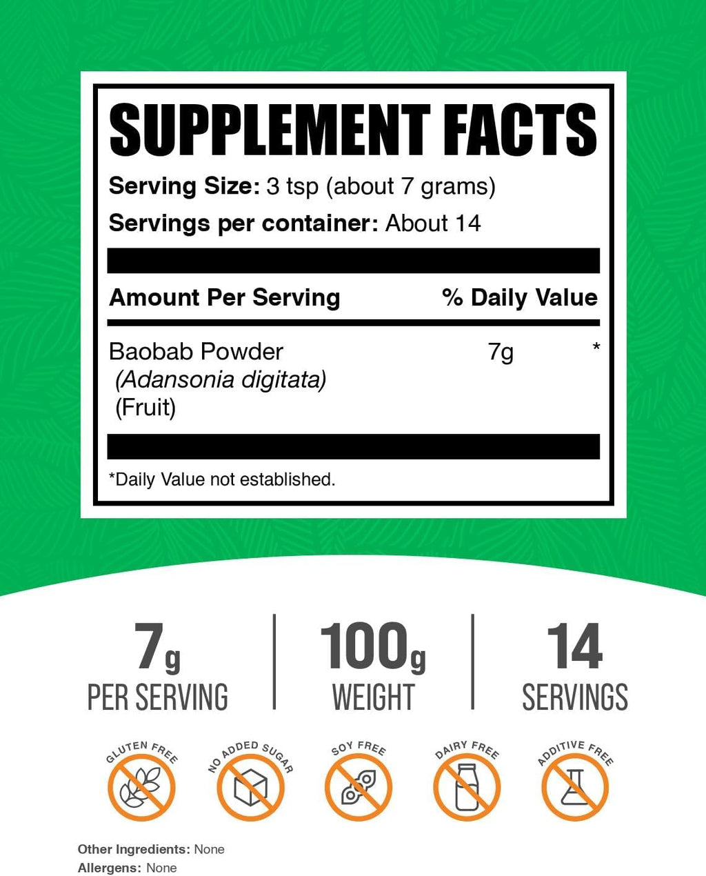 BulkSupplements Baobab en Polvo - Suplemento de Baobab, Antioxidante - Sin Gluten, 7g por Ración, 100g