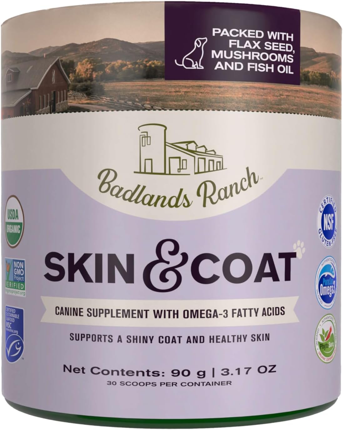 Badlands Ranch - Suplemento para Piel y Pelaje Canino con Omega-3, Ingredientes Orgánicos, 30 porciones