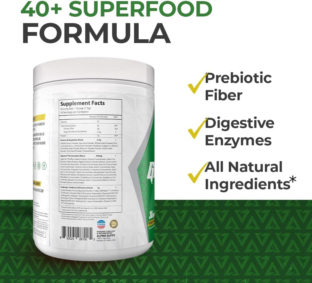 Alpha Greens - Superfood en Polvo con Frutas y Verduras, 40+ Ingredientes Naturales, Prebiótico y Probiótico, 30 Servicios (Melocotón Mango)