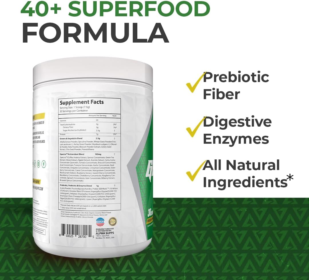 Alpha Supps Alpha Greens - Superalimento en polvo con frutas y verduras - Naranja Cereza - 30 raciones