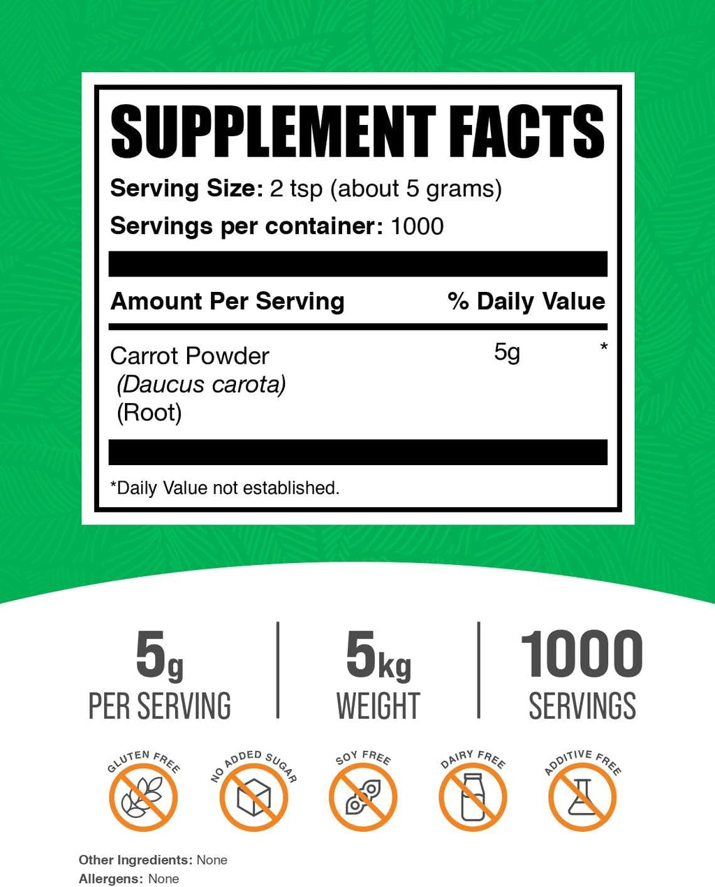 Polvo de Zanahoria Puro - Suplemento Superalimento, Vegano y Sin Gluten, 5 kg (Paquete de 5)