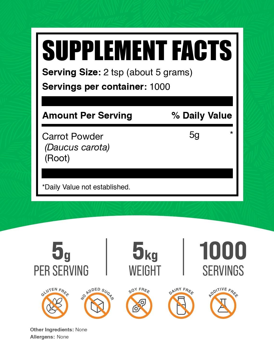 Polvo de Zanahoria Puro - Suplemento Superalimento, Vegano y Sin Gluten, 5 kg (Paquete de 5)