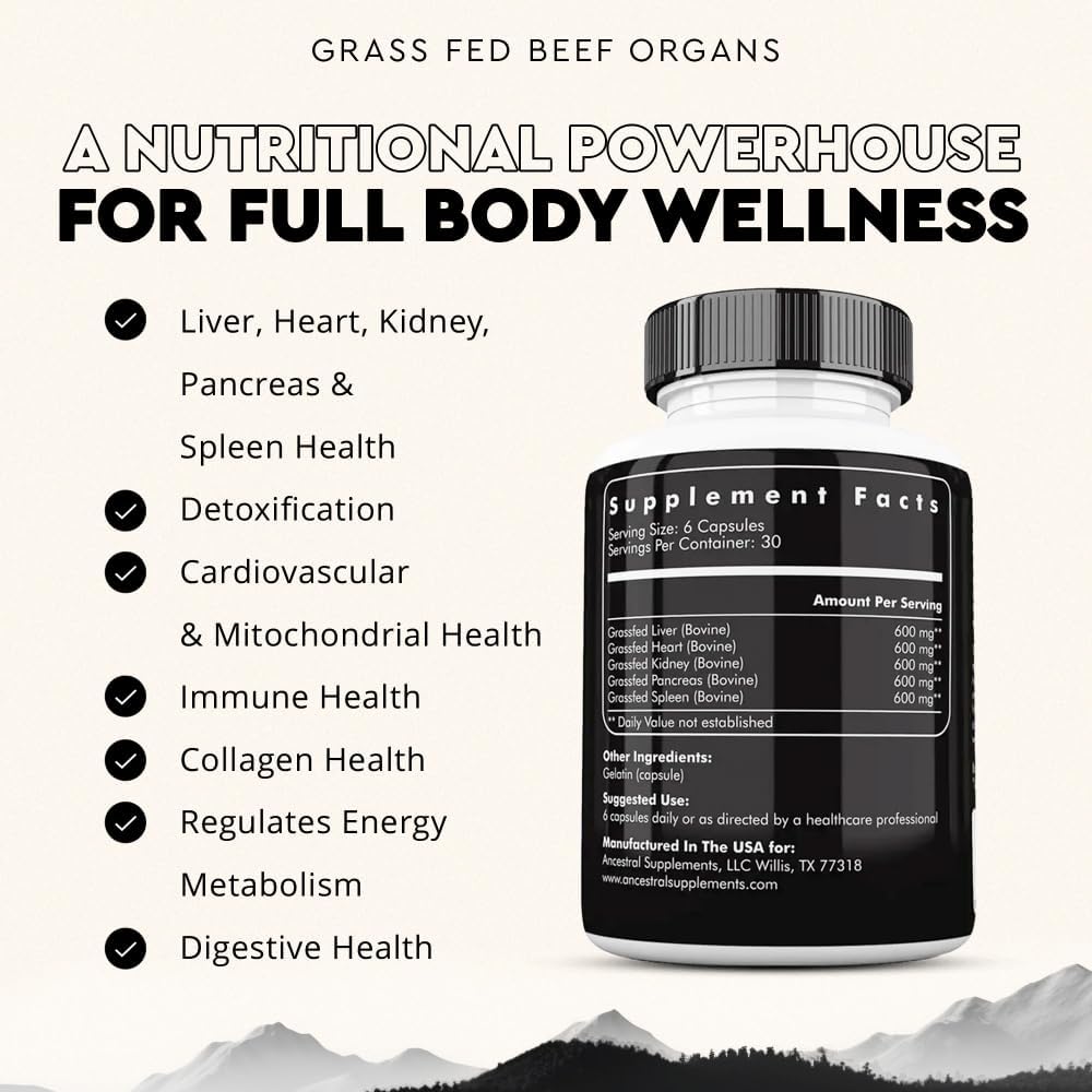 Ancestral Supplements Suplemento de Órganos de Res Alimentados con Pasto - Mezcla de Hígado, Corazón, Riñón, Páncreas, Bazo - Liofilizado - No GMO - 180 Cápsulas