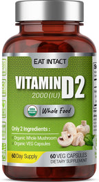 EAT INTACT Vitamina D Orgánica Vegana de Alimento Integral (D2), 2000 UI (50 mcg), Apoyo Óseo e Inmune, Champiñón Entero Expuesto a UV, 2 Ingredientes, Sin Aditivos ni Rellenos, Probado por Terceros, Suministro para 60 Días