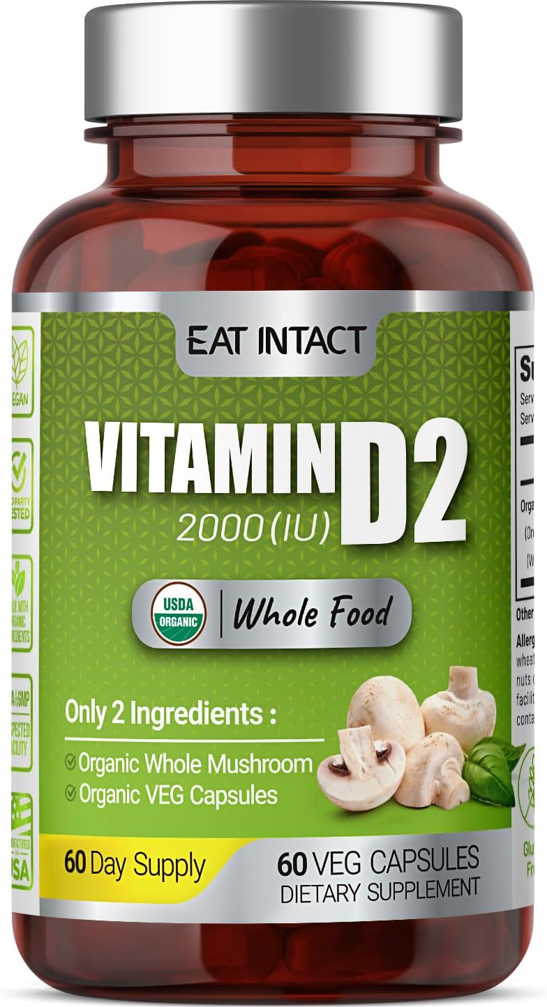 EAT INTACT Vitamina D Orgánica Vegana de Alimento Integral (D2), 2000 UI (50 mcg), Apoyo Óseo e Inmune, Champiñón Entero Expuesto a UV, 2 Ingredientes, Sin Aditivos ni Rellenos, Probado por Terceros, Suministro para 60 Días