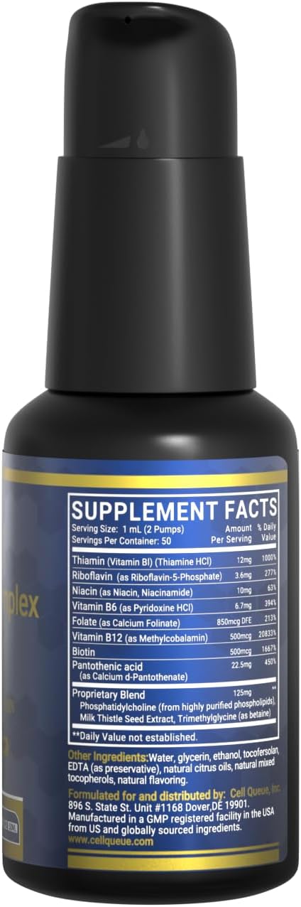 Cellqueue Complejo B Metilado Liposomal - Fórmula Activa de Vitaminas B con Metil B12, Folato, TMG y Cardo Mariano, Apoya la Energía, el Estado de Ánimo, la Cognición, el Sistema Nervioso y la Función Hepática, 50 ml