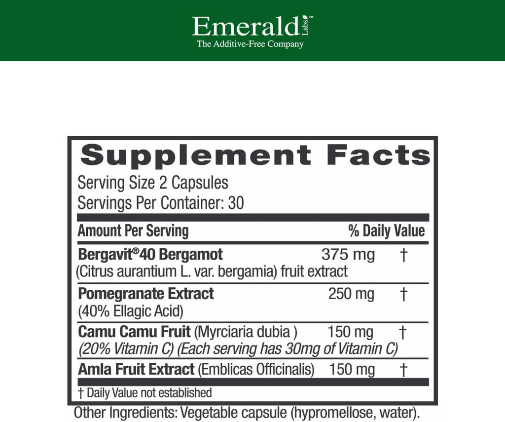 EMERALD LABS Bergamot+ - Complemento para el metabolismo y la salud cardiovascular con bergamota, granada, amla y camu camu - 60 cápsulas vegetales