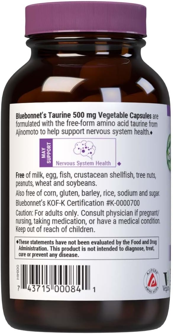 Bluebonnet Taurina 500 mg - 50 Cápsulas Veganas