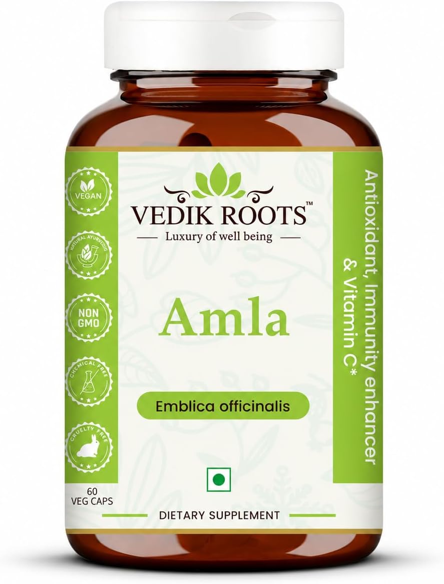 VEDIKROOTS Amla Cápsulas 100% Orgánicas - Potenciador de Inmunidad - Fuente Natural de Vitamina C - Suplemento Herbal (60 Cápsulas, Pack de 3)