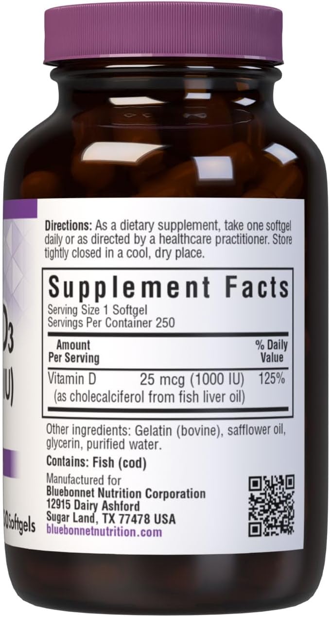 Bluebonnet Nutrition Vitamina D3 1000 UI – 250 Cápsulas Blandas
