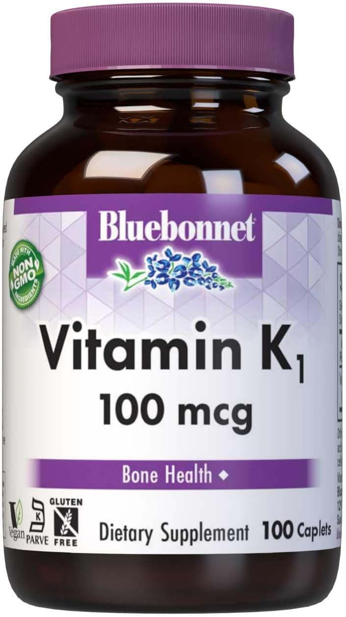 Bluebonnet Vitamina K1 100 mcg – Filoqinona Crystalline – 100 Caplets Veganos