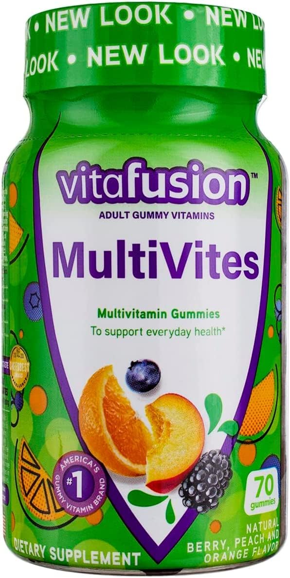 Vitafusion MultiVites Gominolas Multivitamínicas para Adultos, Sabores Berry, Melocotón y Naranja - 70 gominolas, Pack de 2