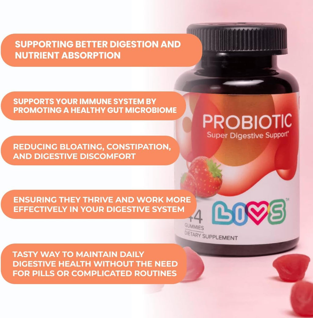 LIVS Probióticos en Gominolas para Mujeres y Hombres – 5 Mil Millones de CFU Bacillus Coagulans – Salud Digestiva, Ánimo e Inmunidad – Natural, Vegano, Sabor Fresa – 44 Gomitas