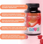 LIVS Probióticos en Gominolas para Mujeres y Hombres – 5 Mil Millones de CFU Bacillus Coagulans – Salud Digestiva, Ánimo e Inmunidad – Natural, Vegano, Sabor Fresa – 44 Gomitas