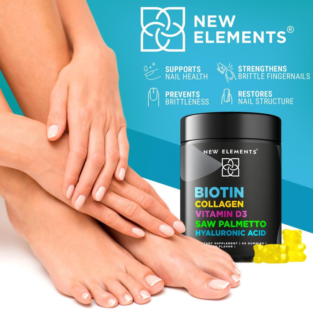 New Elements Gomitas de Biotina con Colágeno, Vitamina D3, Saw Palmetto y Ácido Hialurónico para Cabello, Piel y Uñas | Sin OGM, Sin Gluten, Sabor Natural a Piña