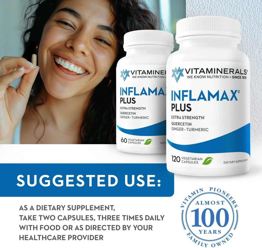 Vitaminerals® 121+ Inflamax® Plus | Quercetina | Enzimas Proteolíticas | Jengibre | Cúrcuma | 120 Cápsulas Vegetales