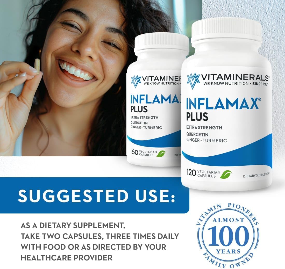 Vitaminerals® 121+ Inflamax® Plus | Quercetina | Enzimas Proteolíticas | Jengibre | Cúrcuma | 120 Cápsulas Vegetales