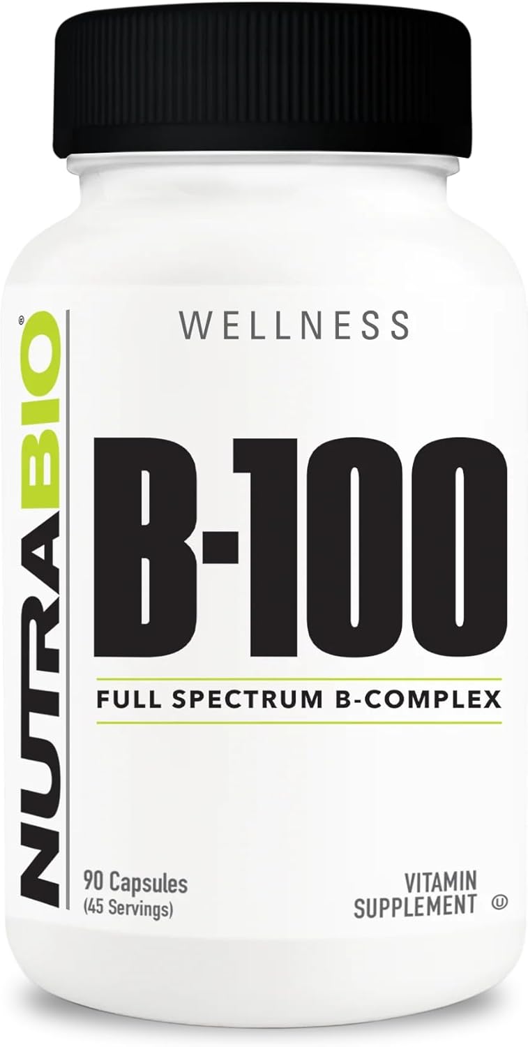 NutraBio B-100 – Complejo de Vitaminas B – Apoyo al Sistema Inmunológico, Cabello, Piel y Uñas – 90 Cápsulas Vegetales