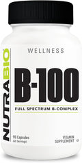 NutraBio B-100 – Complejo de Vitaminas B – Apoyo al Sistema Inmunológico, Cabello, Piel y Uñas – 90 Cápsulas Vegetales